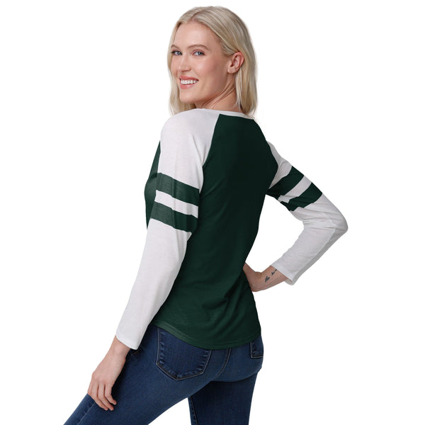 Tampa Bay Buccaneers NFL Womens Script Wordmark Striped Sleeve Raglan