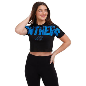 Carolina Panthers NFL Womens Petite Distressed Wordmark Crop Top