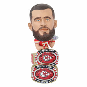 Kansas City Chiefs NFL Super Bowl LVIII Champions Travis Kelce Double Ring Base Bighead Bobblehead