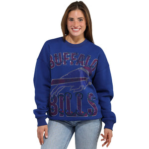 Buffalo Bills NFL Womens Rhinestone Logo Oversized Holiday Crew Neck Sweatshirt