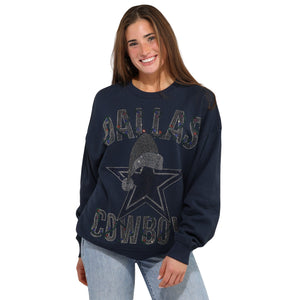 Dallas Cowboys NFL Womens Rhinestone Logo Oversized Holiday Crew Neck Sweatshirt