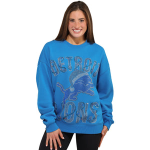 Detroit Lions NFL Womens Rhinestone Logo Oversized Holiday Crew Neck Sweatshirt