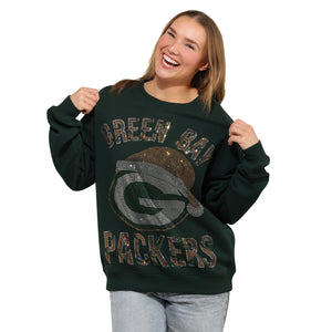 Green Bay Packers NFL Womens Rhinestone Logo Oversized Holiday Crew Neck Sweatshirt
