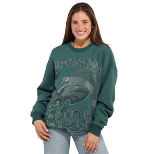 Philadelphia Eagles NFL Womens Rhinestone Logo Oversized Holiday Crew Neck Sweatshirt