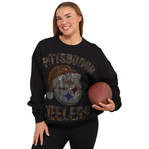 Pittsburgh Steelers NFL Womens Rhinestone Logo Oversized Holiday Crew Neck Sweatshirt