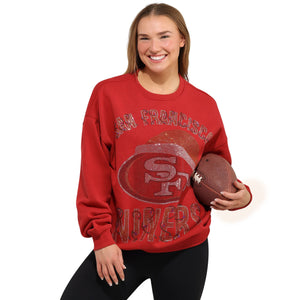 San Francisco 49ers NFL Womens Rhinestone Logo Oversized Holiday Crew Neck Sweatshirt