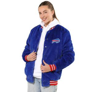 Buffalo Bills NFL Womens Oversized Faux Fur Bomber Jacket (PREORDER - SHIPS MID NOVEMBER)