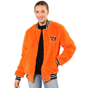Cincinnati Bengals NFL Womens Oversized Faux Fur Bomber Jacket (PREORDER - SHIPS MID NOVEMBER)