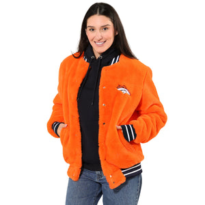 Denver Broncos NFL Womens Oversized Faux Fur Bomber Jacket (PREORDER - SHIPS MID NOVEMBER)