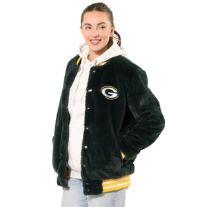 Green Bay Packers NFL Womens Oversized Faux Fur Bomber Jacket (PREORDER - SHIPS MID NOVEMBER)