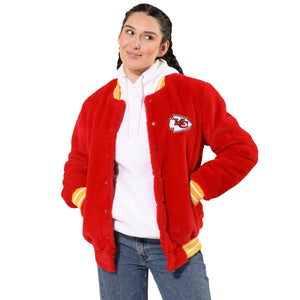 Kansas City Chiefs NFL Womens Oversized Faux Fur Bomber Jacket (PREORDER - SHIPS MID NOVEMBER)