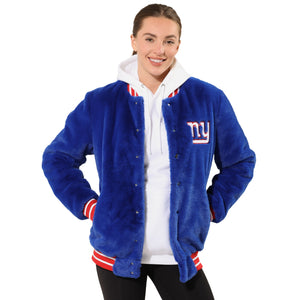 New York Giants NFL Womens Oversized Faux Fur Bomber Jacket (PREORDER - SHIPS MID NOVEMBER)