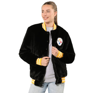 Pittsburgh Steelers NFL Womens Oversized Faux Fur Bomber Jacket (PREORDER - SHIPS MID NOVEMBER)
