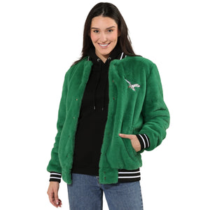 Philadelphia Eagles NFL Kelly Green Retro Womens Oversized Faux Fur Bomber Jacket (PREORDER - SHIPS MID NOVEMBER)