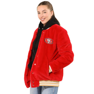San Francisco 49ers NFL Womens Oversized Faux Fur Bomber Jacket (PREORDER - SHIPS MID NOVEMBER)