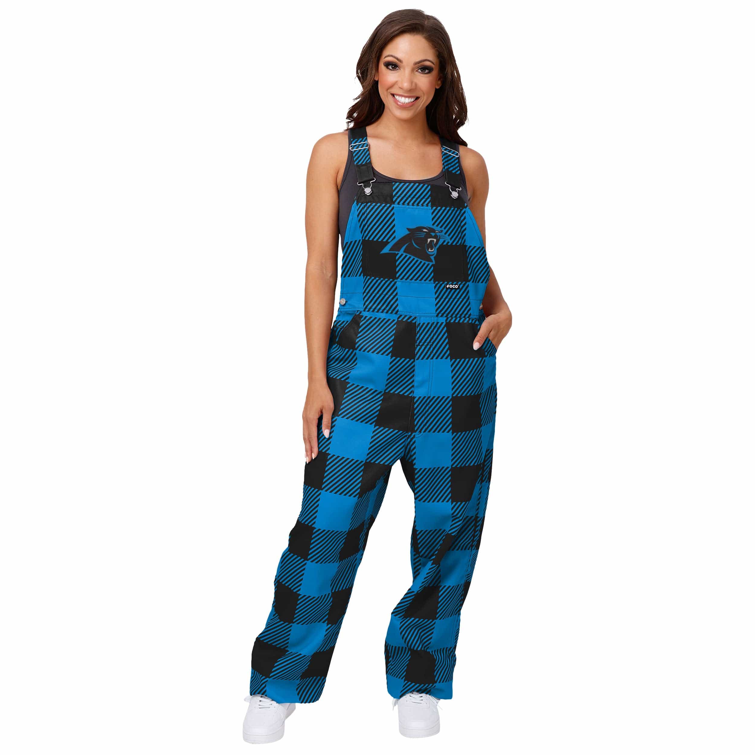 FOCO Carolina Panthers Womens Plaid Bib Overalls, Size: XL