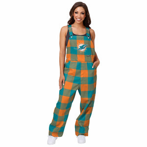 Miami Dolphins NFL Womens Plaid Bib Overalls