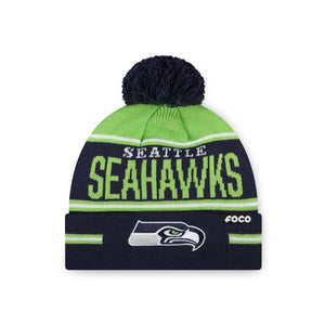 Seattle Seahawks NFL Big Wordmark Stripe Pom Beanie