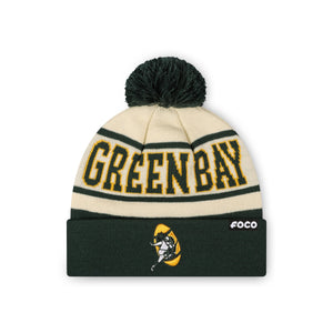Green Bay Packers NFL Cream Heritage Stripe Retro Logo Pom Beanie