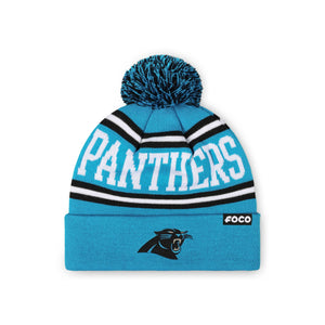 Carolina Panthers NFL Glacier Blue Primary Logo Stripe Pom Beanie (PREORDER - SHIPS EARLY NOVEMBER)
