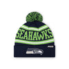 Seattle Seahawks NFL Navy Primary Logo Stripe Pom Beanie