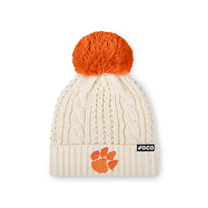 Clemson Tigers NCAA Womens Primary Logo White Cable Knit Pom Beanie