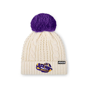 LSU Tigers NCAA Womens Primary Logo White Cable Knit Pom Beanie