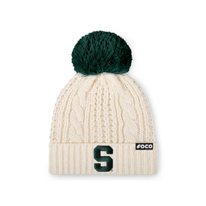 Michigan State Spartans NCAA Womens Primary Logo White Cable Knit Pom Beanie
