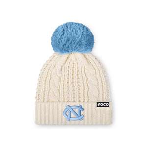 North Carolina Tar Heels NCAA Womens Primary Logo White Cable Knit Pom Beanie