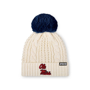 Ole Miss Rebels NCAA Womens Primary Logo White Cable Knit Pom Beanie