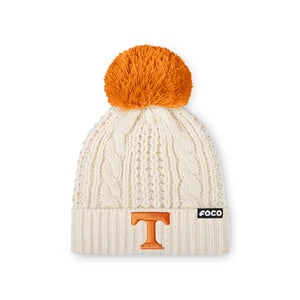 Tennessee Volunteers NCAA Womens Primary Logo White Cable Knit Pom Beanie