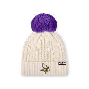 Minnesota Vikings NFL Womens Primary Logo White Cable Knit Pom Beanie (PREORDER - SHIPS EARLY NOVEMBER)