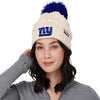 New York Giants NFL Womens Primary Logo White Cable Knit Pom Beanie (PREORDER - SHIPS EARLY NOVEMBER)