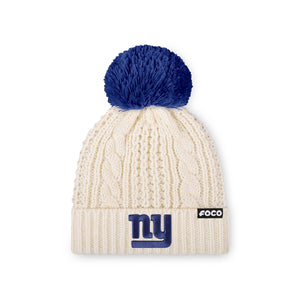 New York Giants NFL Womens Primary Logo White Cable Knit Pom Beanie (PREORDER - SHIPS EARLY NOVEMBER)