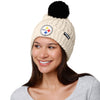 Pittsburgh Steelers NFL Womens Primary Logo White Cable Knit Pom Beanie
