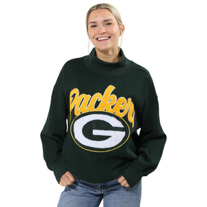 Green Bay Packers NFL Chenille Logo Oversized Mockneck Sweatshirt (PREORDER - SHIPS MID OCTOBER)