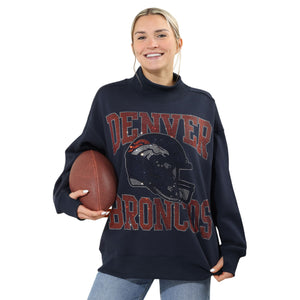 Denver Broncos NFL Womens Rhinestone Logo Mockneck Oversized Sweatshirt
