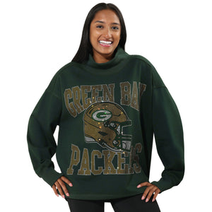 Green Bay Packers NFL Womens Rhinestone Logo Mockneck Oversized Sweatshirt