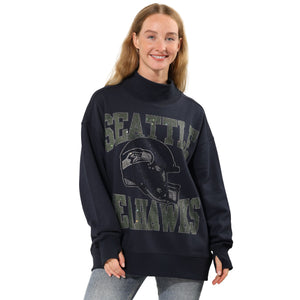 Seattle Seahawks NFL Womens Rhinestone Logo Mockneck Oversized Sweatshirt