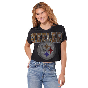 Pittsburgh Steelers NFL Womens Big Wordmark Rhinestone Crop Top