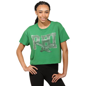 Philadelphia Eagles NFL Womens Kelly Green Rhinestone Logo Crop Top