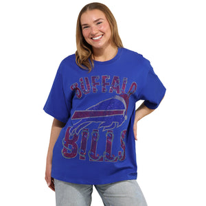 Buffalo Bills NFL Womens Rhinestone Logo Oversized Holiday T-Shirt