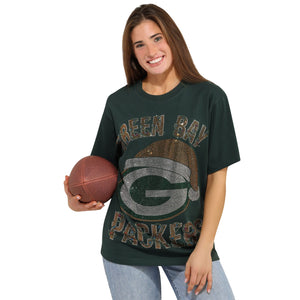 Green Bay Packers NFL Womens Rhinestone Logo Oversized Holiday T-Shirt