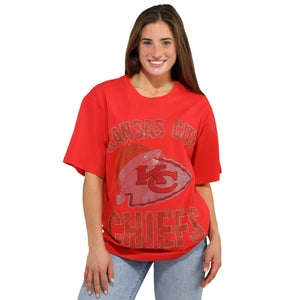 Kansas City Chiefs NFL Womens Rhinestone Logo Oversized Holiday T-Shirt (PREORDER - SHIPS LATE DECEMBER)