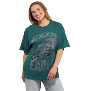 Philadelphia Eagles NFL Womens Rhinestone Logo Oversized Holiday T-Shirt
