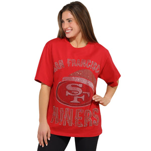 San Francisco 49ers NFL Womens Rhinestone Logo Oversized Holiday T-Shirt