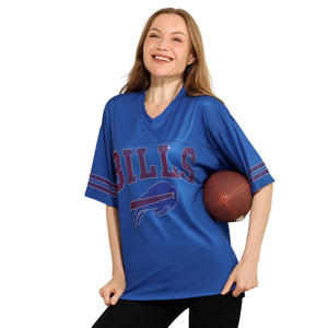 Buffalo Bills NFL Womens Rhinestone Logo Oversized V-Neck Mesh T-Shirt