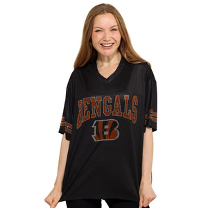 Cincinnati Bengals NFL Womens Rhinestone Logo Oversized V-Neck Mesh T-Shirt