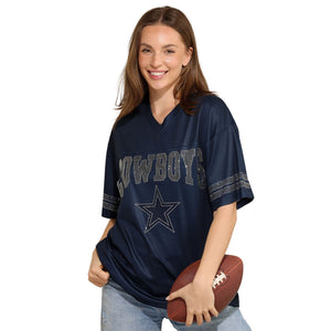 Dallas Cowboys NFL Womens Rhinestone Logo Oversized V-Neck Mesh T-Shirt