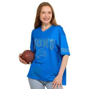 Detroit Lions NFL Womens Rhinestone Logo Oversized V-Neck Mesh T-Shirt